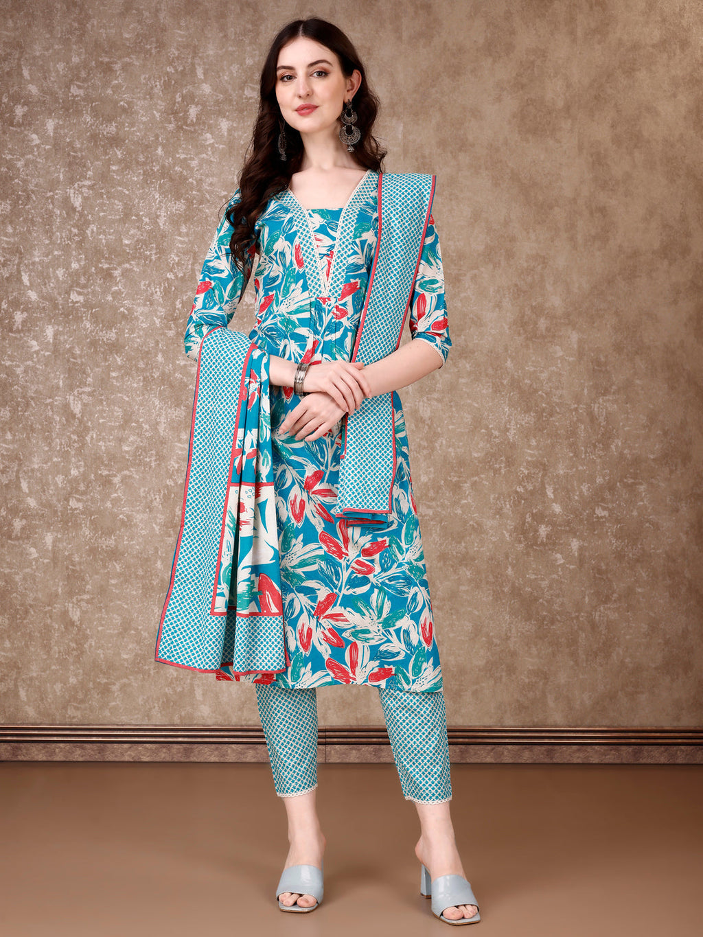 Floral Printed Cotton Kurta With Pant & Dupatta, Blue - Hiral Fashion - Distacart
