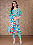 Floral Printed Cotton Kurta With Pant & Dupatta, Blue - Hiral Fashion - Distacart