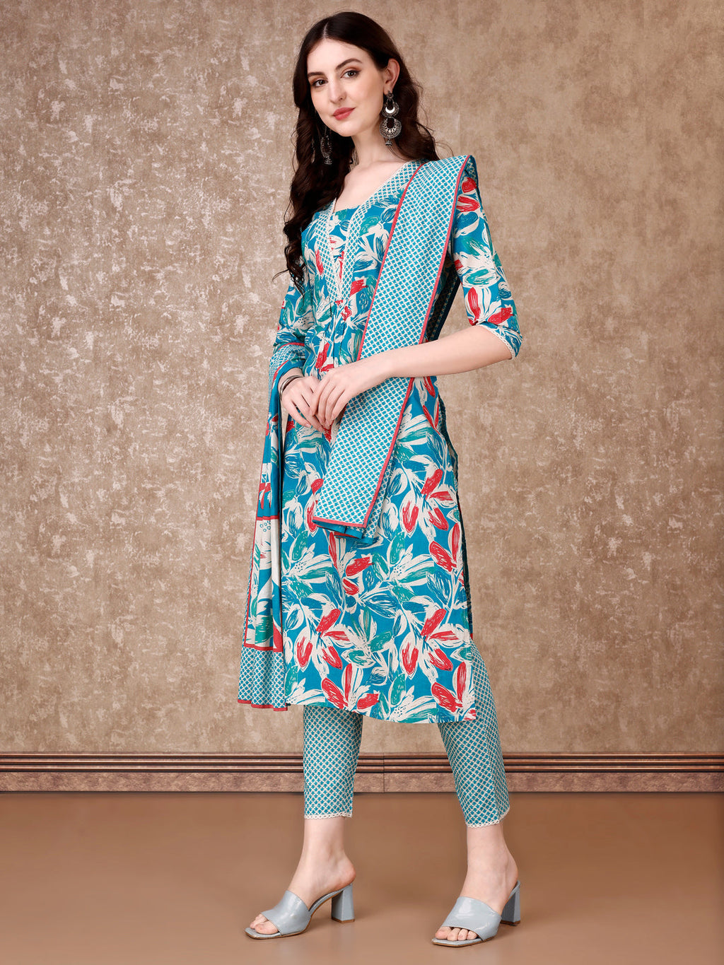 Floral Printed Cotton Kurta With Pant & Dupatta, Blue - Hiral Fashion - Distacart
