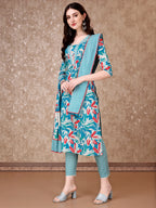 Floral Printed Cotton Kurta With Pant & Dupatta, Blue - Hiral Fashion - Distacart