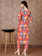 Floral Printed Cotton Kurta With Pant & Dupatta, Pink - Hiral Fashion