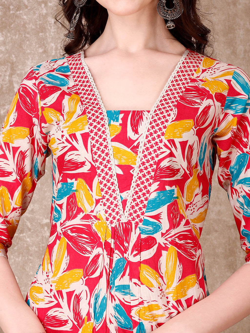 Floral Printed Cotton Kurta With Pant & Dupatta, Pink - Hiral Fashion