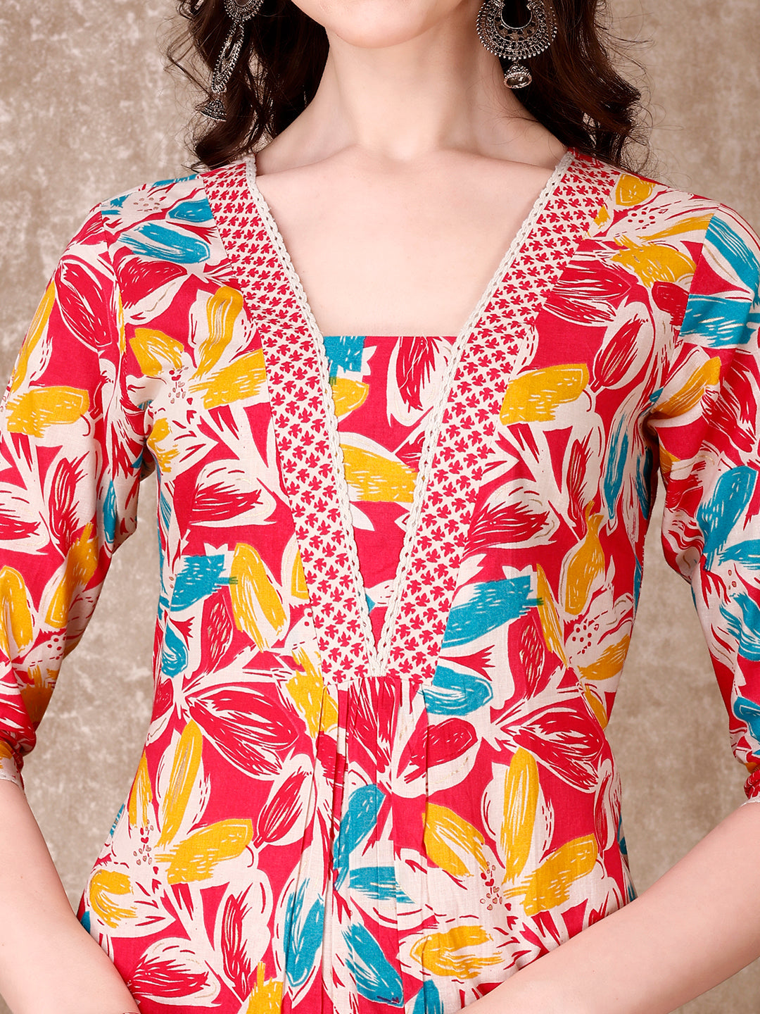 Floral Printed Cotton Kurta With Pant & Dupatta, Pink - Hiral Fashion