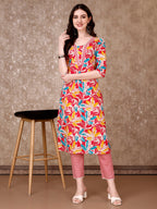 Floral Printed Cotton Kurta With Pant & Dupatta, Pink - Hiral Fashion