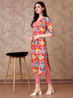 Floral Printed Cotton Kurta With Pant & Dupatta, Pink - Hiral Fashion