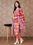 Floral Printed Cotton Kurta With Pant & Dupatta, Pink - Hiral Fashion