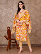 Floral Printed Cotton Kurta With Pant & Dupatta, Yellow - Hiral Fashion - Distacart