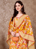 Floral Printed Cotton Kurta With Pant & Dupatta, Yellow - Hiral Fashion - Distacart
