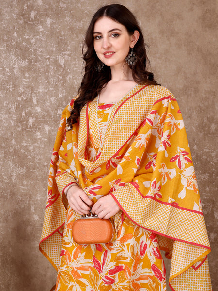 Floral Printed Cotton Kurta With Pant & Dupatta, Yellow - Hiral Fashion
