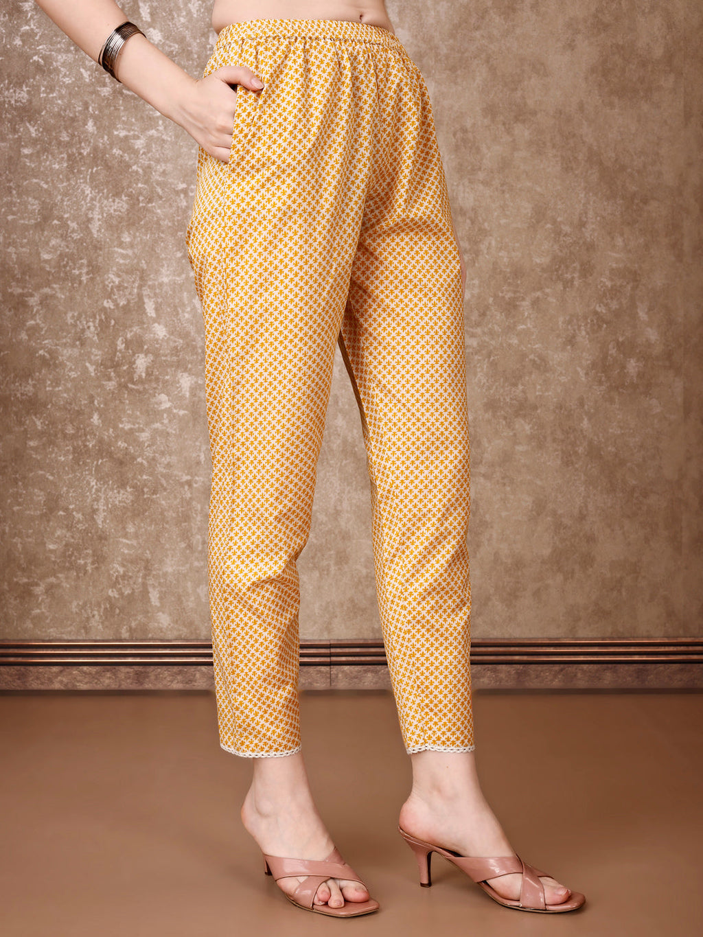 Floral Printed Cotton Kurta With Pant & Dupatta, Yellow - Hiral Fashion - Distacart