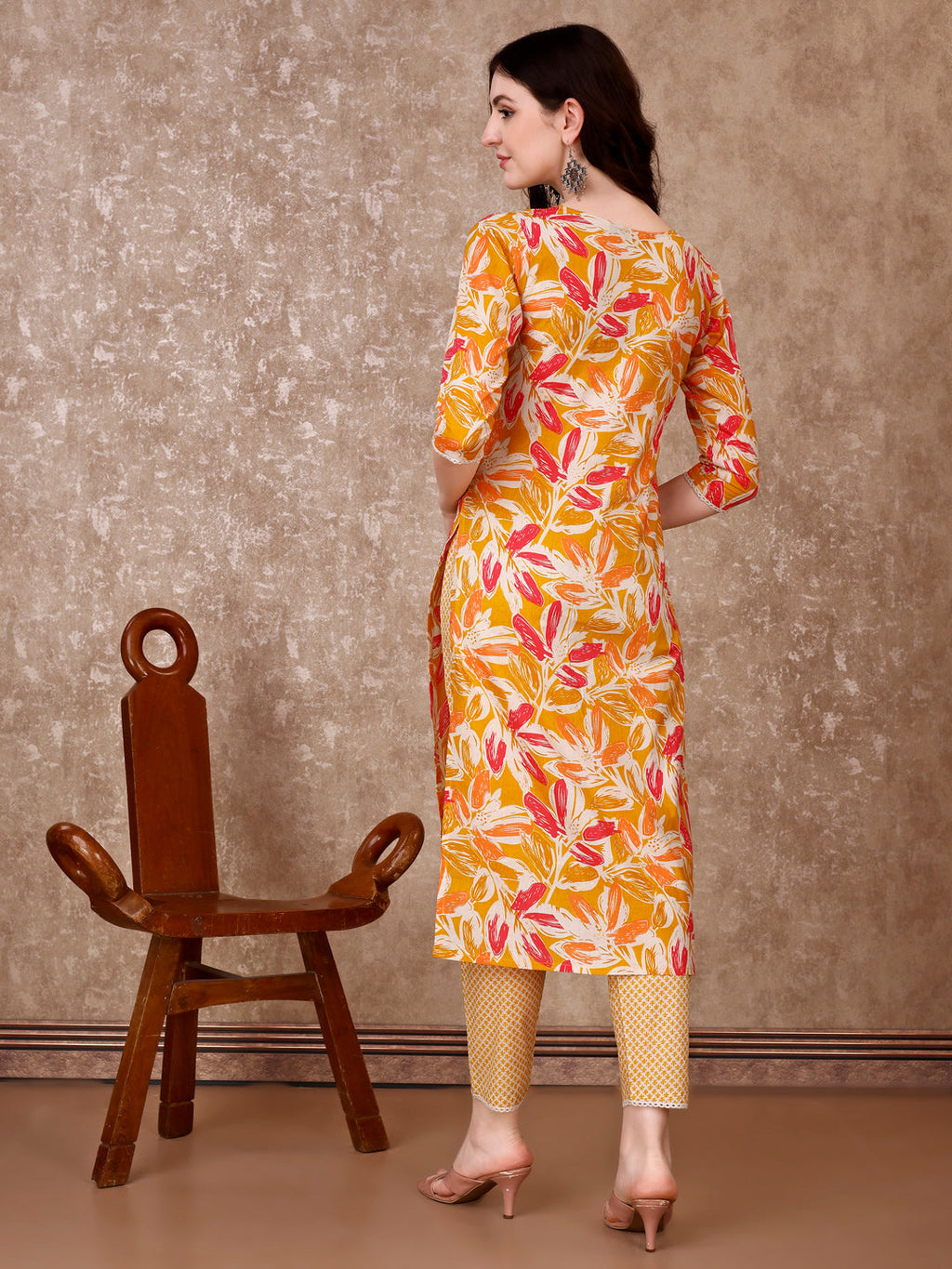 Floral Printed Cotton Kurta With Pant & Dupatta, Yellow - Hiral Fashion - Distacart
