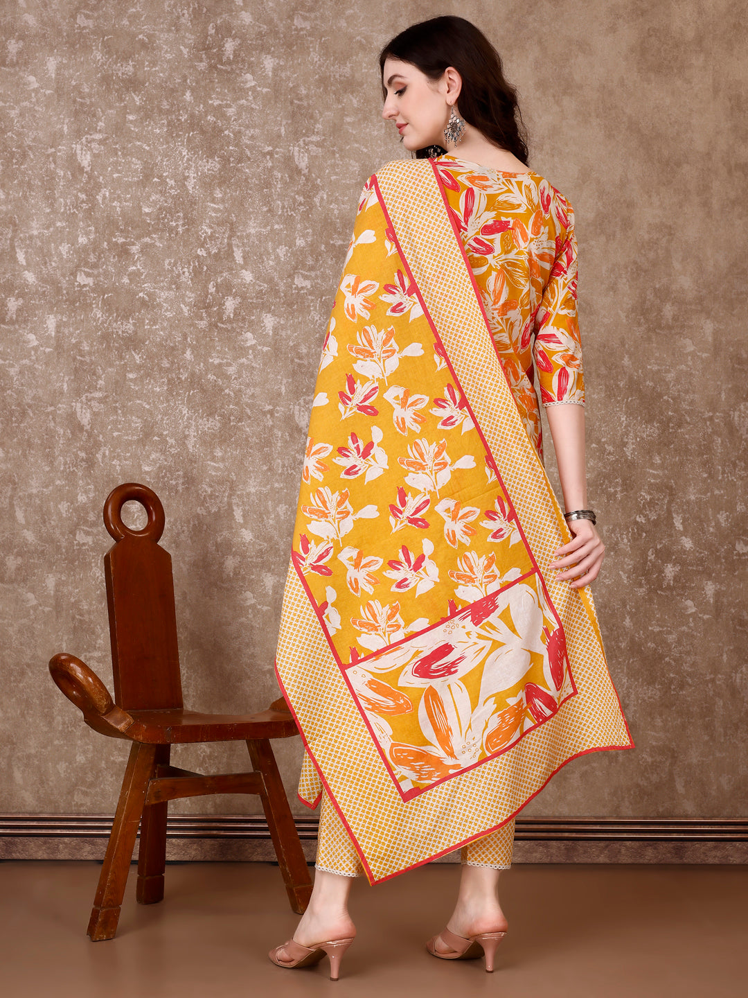 Floral Printed Cotton Kurta With Pant & Dupatta, Yellow - Hiral Fashion - Distacart