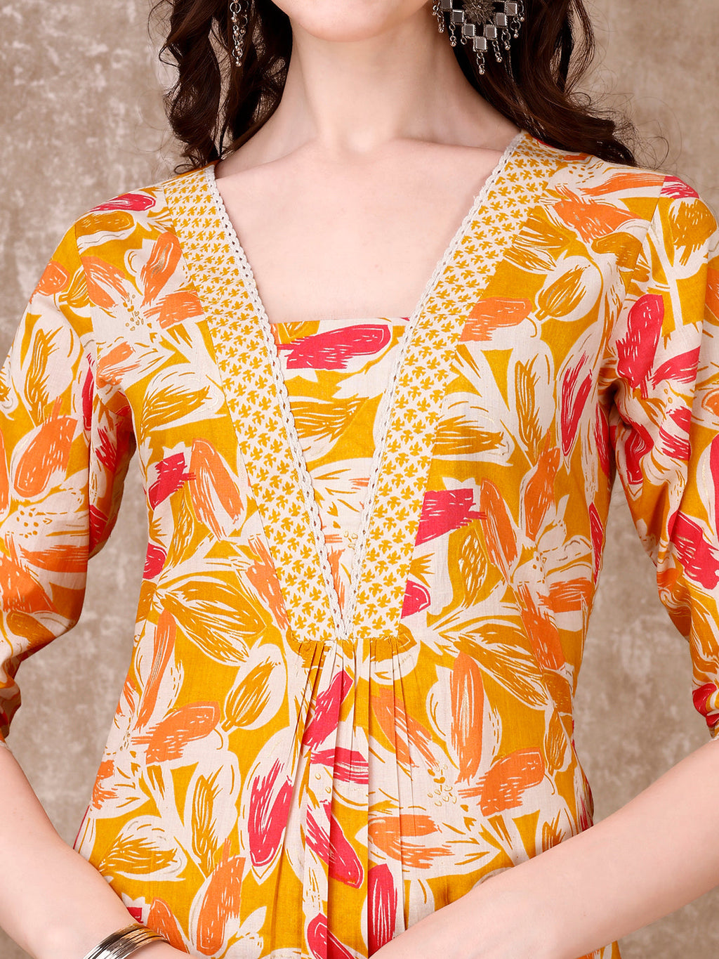 Floral Printed Cotton Kurta With Pant & Dupatta, Yellow - Hiral Fashion - Distacart