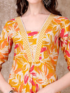 Floral Printed Cotton Kurta With Pant & Dupatta, Yellow - Hiral Fashion - Distacart
