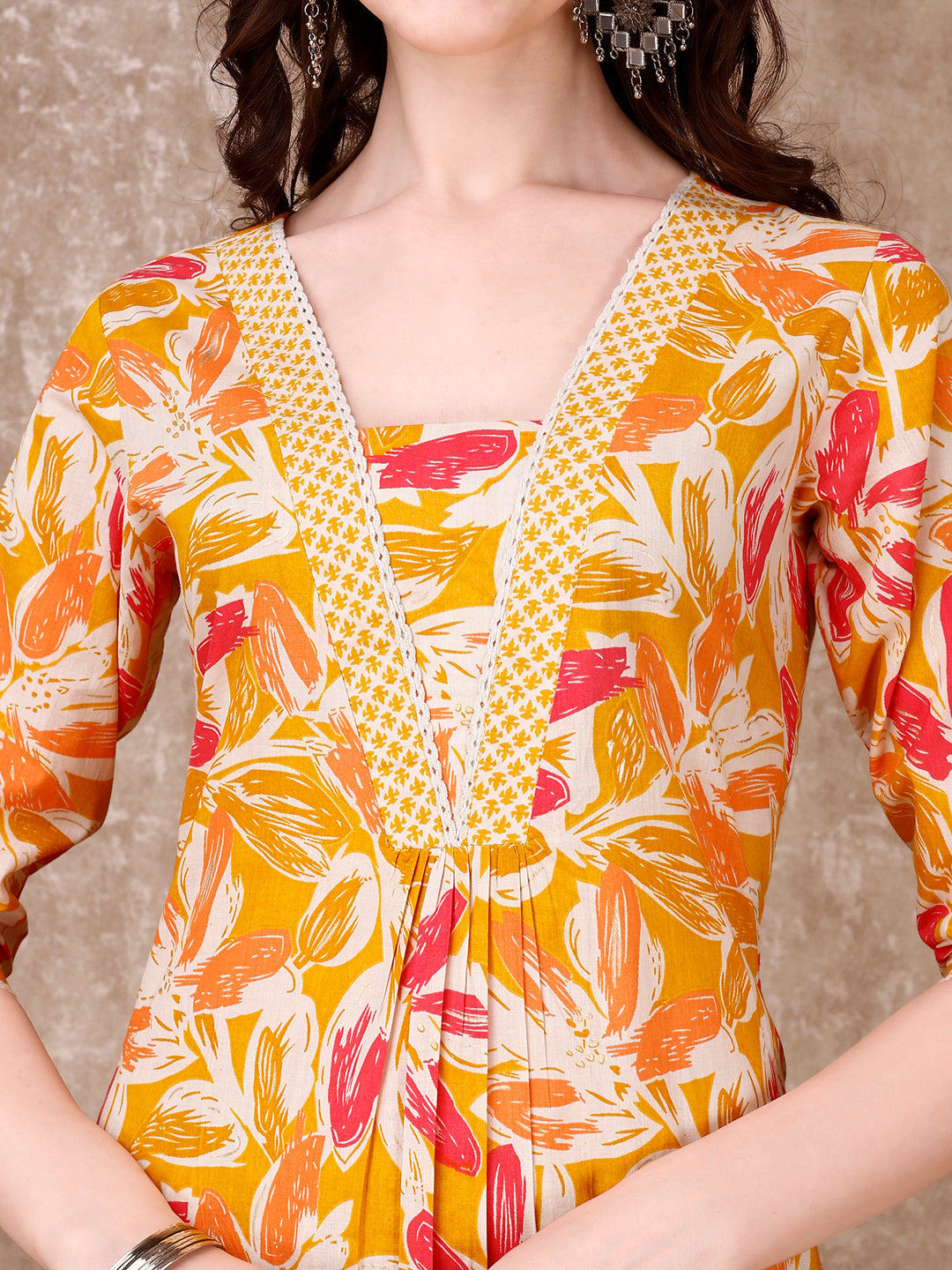 Floral Printed Cotton Kurta With Pant & Dupatta, Yellow - Hiral Fashion - Distacart