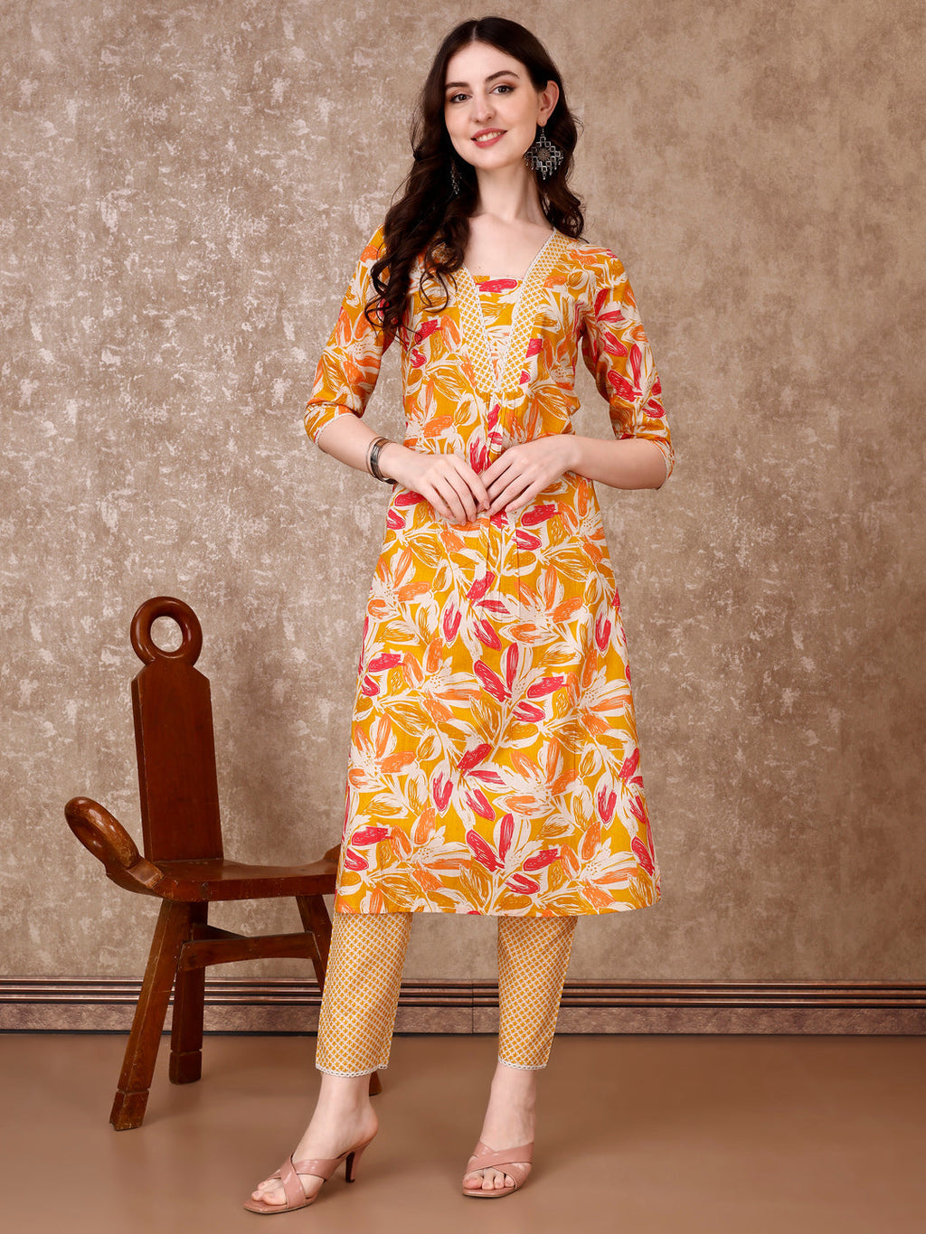 Floral Printed Cotton Kurta With Pant & Dupatta, Yellow - Hiral Fashion - Distacart
