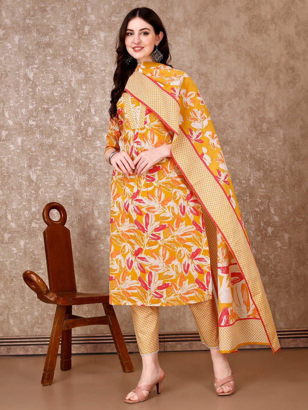 Floral Printed Cotton Kurta With Pant & Dupatta, Yellow - Hiral Fashion - Distacart