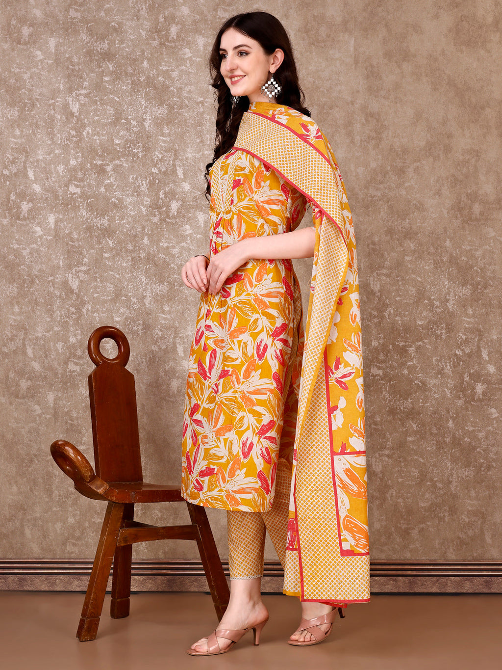 Floral Printed Cotton Kurta With Pant & Dupatta, Yellow - Hiral Fashion - Distacart