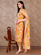 Floral Printed Cotton Kurta With Pant & Dupatta, Yellow - Hiral Fashion - Distacart