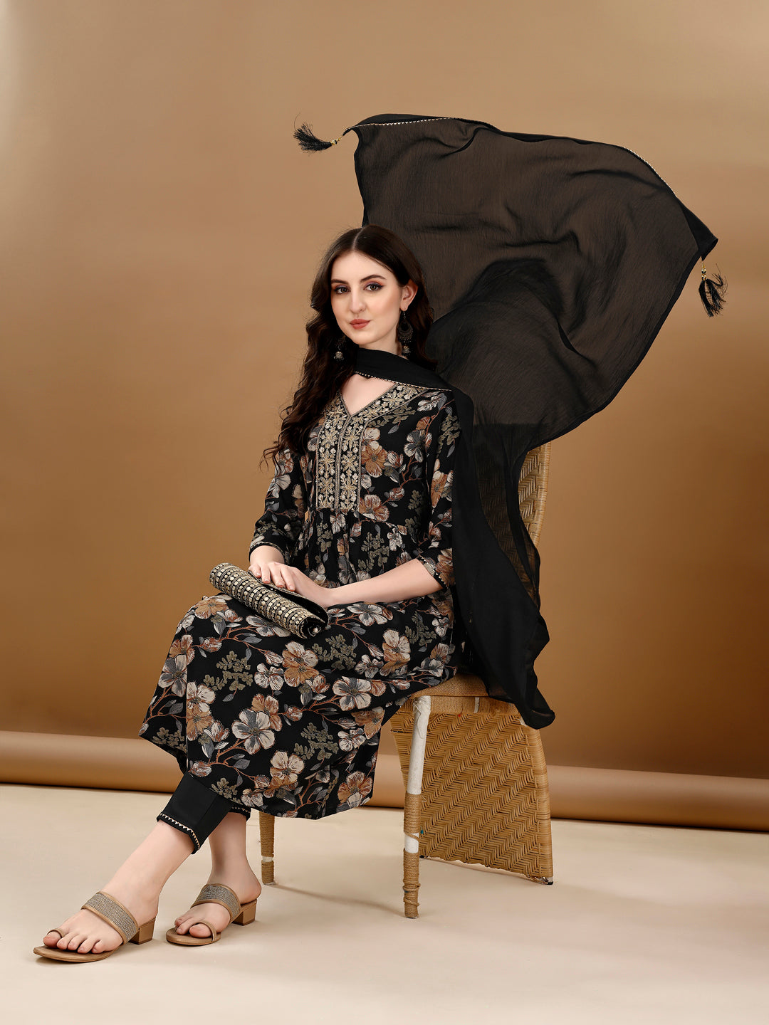 Alia Cut Floral Printed & Embroidered Kurta Suit Set, Black - Hiral Fashion