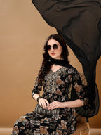 Alia Cut Floral Printed & Embroidered Kurta Suit Set, Black - Hiral Fashion