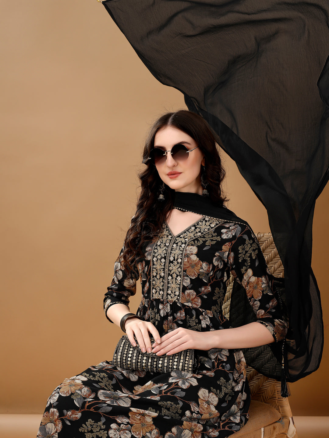 Alia Cut Floral Printed & Embroidered Kurta Suit Set, Black - Hiral Fashion
