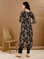 Alia Cut Floral Printed & Embroidered Kurta Suit Set, Black - Hiral Fashion