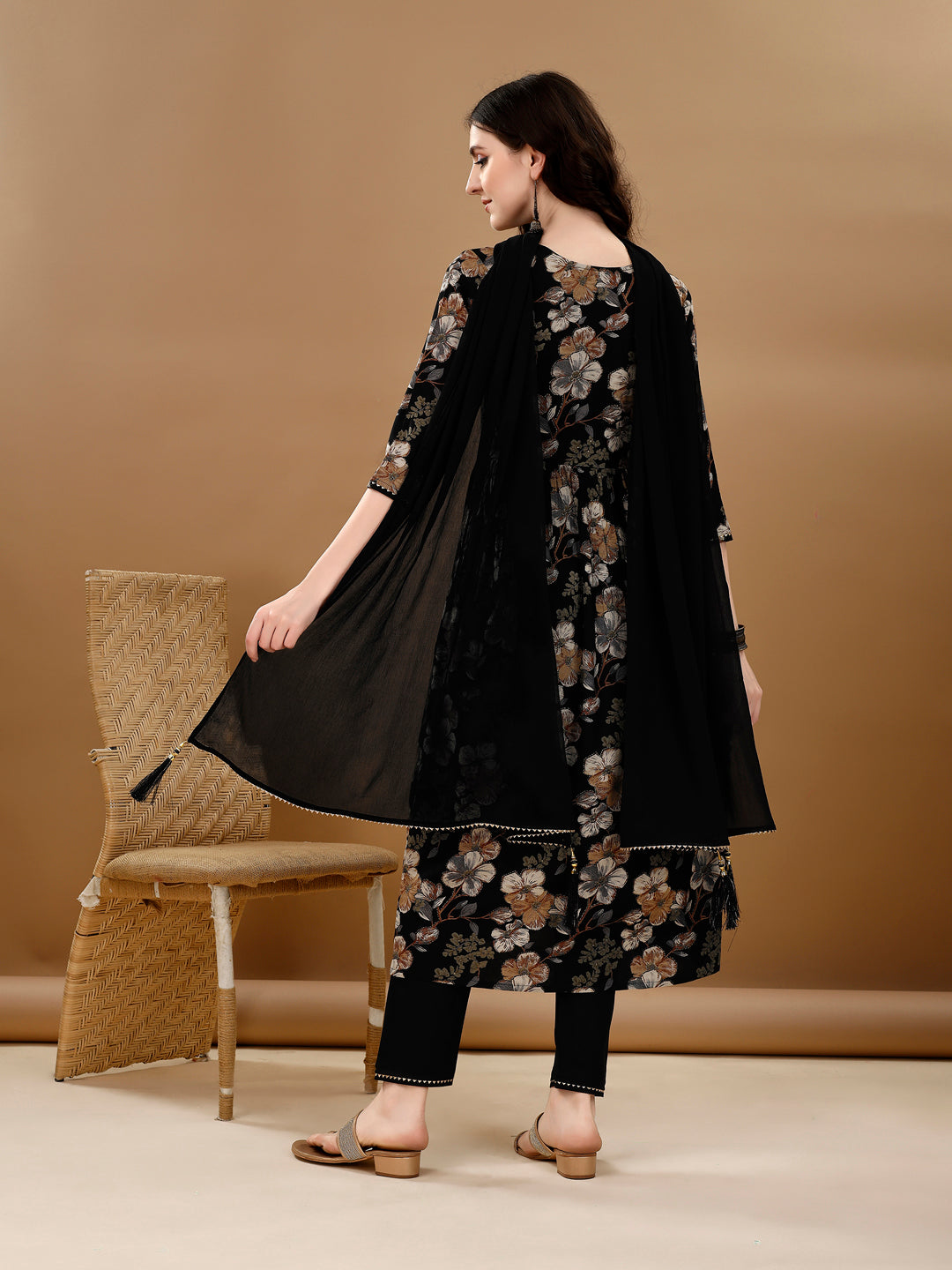 Alia Cut Floral Printed & Embroidered Kurta Suit Set, Black - Hiral Fashion