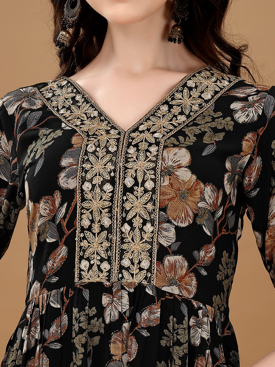 Alia Cut Floral Printed & Embroidered Kurta Suit Set, Black - Hiral Fashion