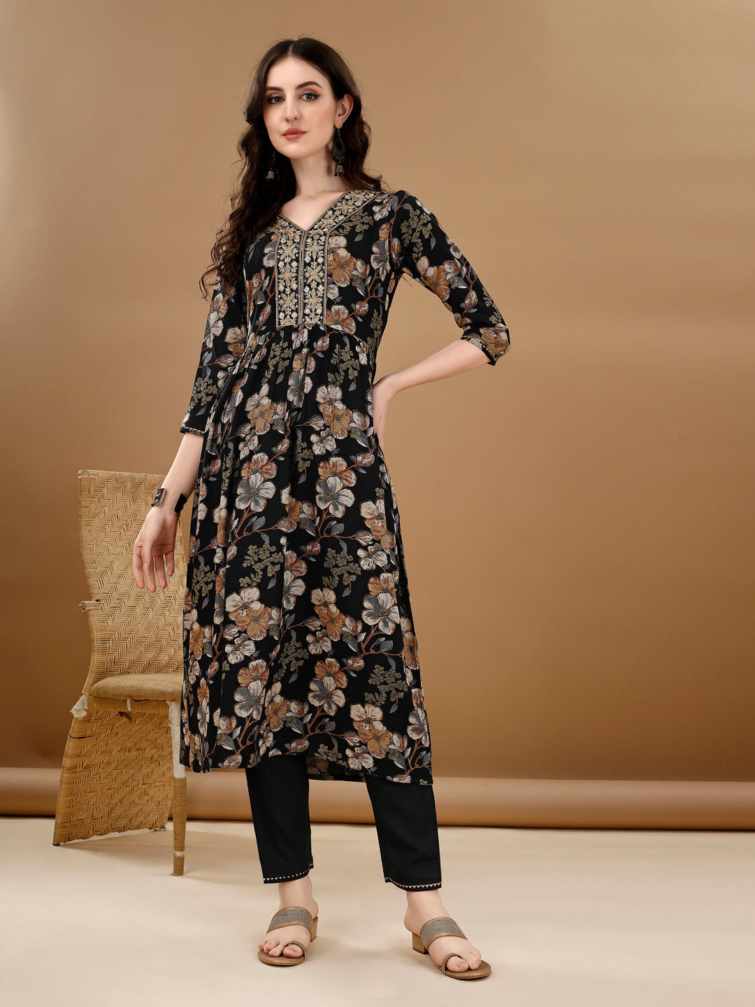 Alia Cut Floral Printed & Embroidered Kurta Suit Set, Black - Hiral Fashion