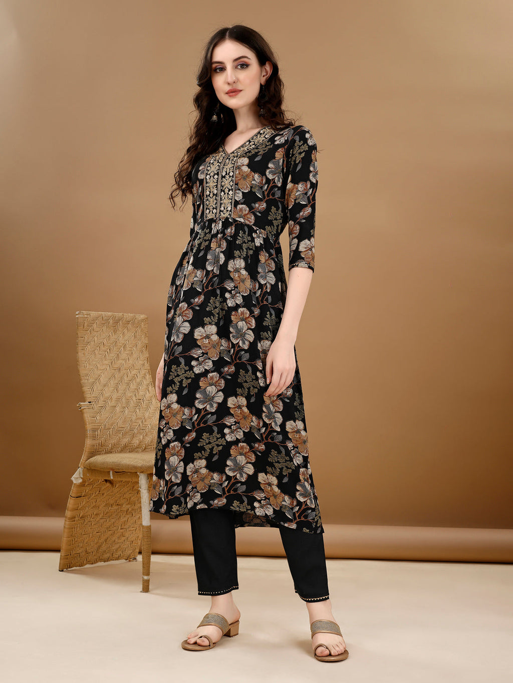 Alia Cut Floral Printed & Embroidered Kurta Suit Set, Black - Hiral Fashion