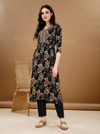 Alia Cut Floral Printed & Embroidered Kurta Suit Set, Black - Hiral Fashion
