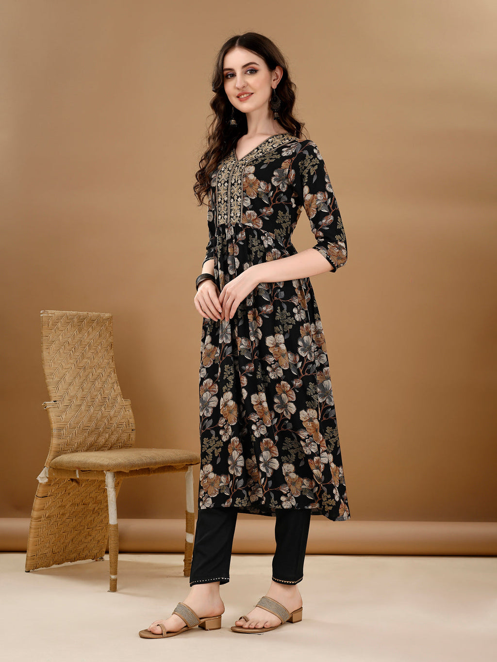 Alia Cut Floral Printed & Embroidered Kurta Suit Set, Black - Hiral Fashion