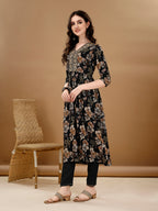 Alia Cut Floral Printed & Embroidered Kurta Suit Set, Black - Hiral Fashion