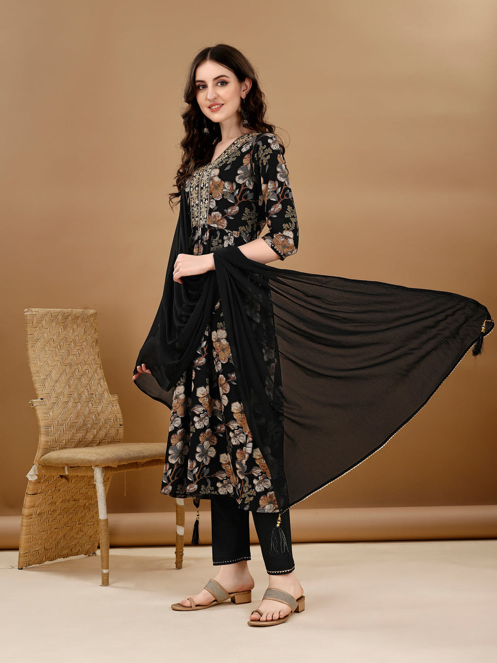 Alia Cut Floral Printed & Embroidered Kurta Suit Set, Black - Hiral Fashion