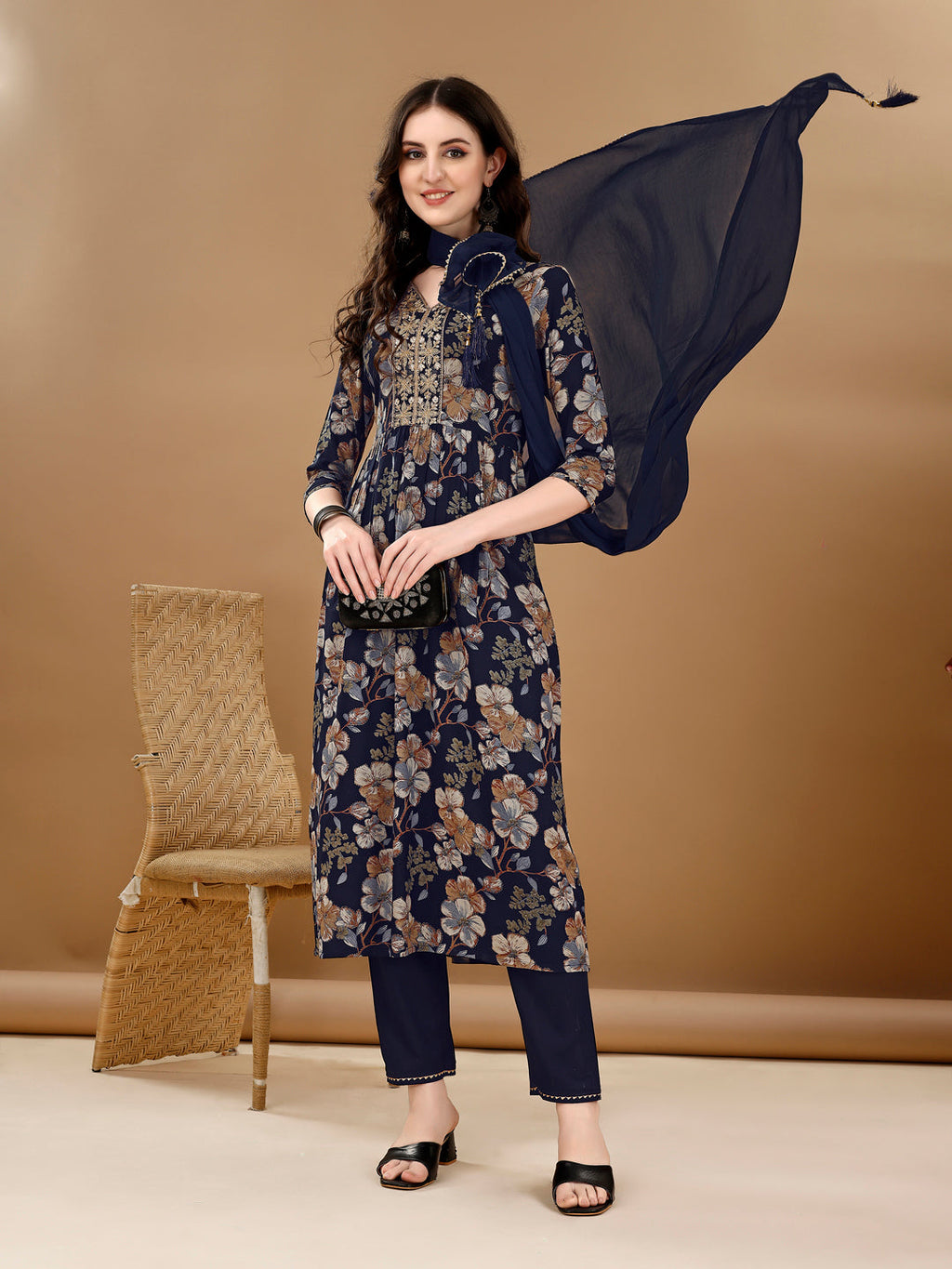 Alia Cut Floral Printed & Embroidered Kurta Suit Set, Navy Blue - Hiral Fashion
