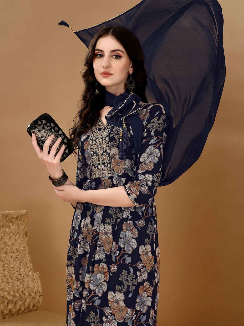 Alia Cut Floral Printed & Embroidered Kurta Suit Set, Navy Blue - Hiral Fashion