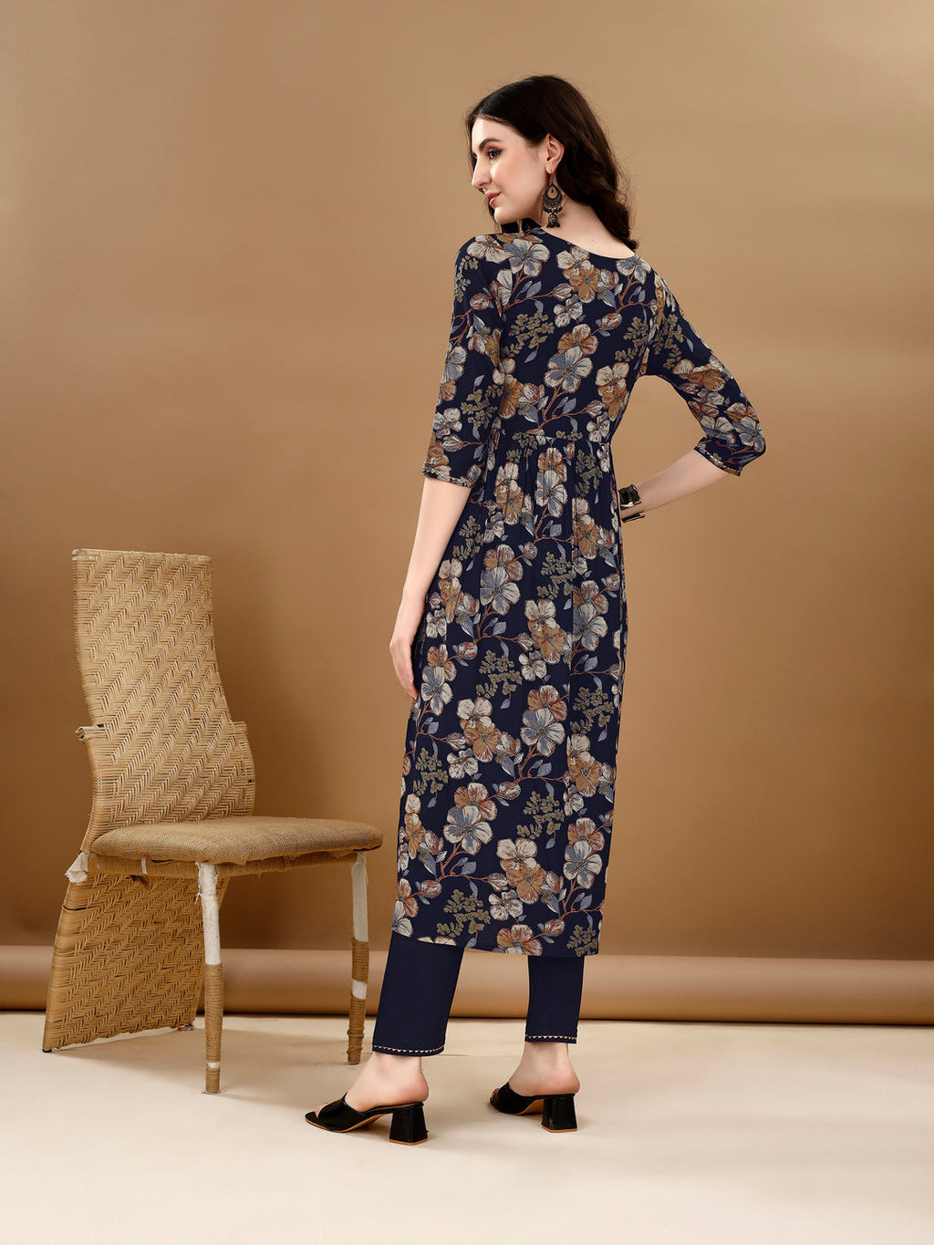 Alia Cut Floral Printed & Embroidered Kurta Suit Set, Navy Blue - Hiral Fashion