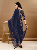 Alia Cut Floral Printed & Embroidered Kurta Suit Set, Navy Blue - Hiral Fashion