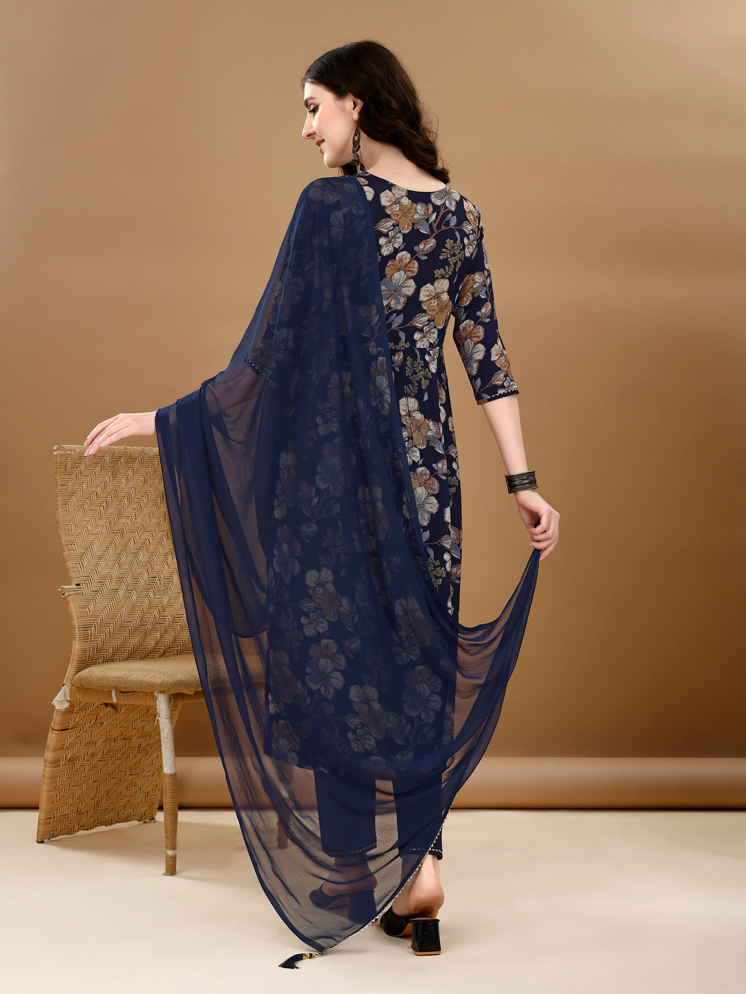 Alia Cut Floral Printed & Embroidered Kurta Suit Set, Navy Blue - Hiral Fashion