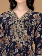 Alia Cut Floral Printed & Embroidered Kurta Suit Set, Navy Blue - Hiral Fashion
