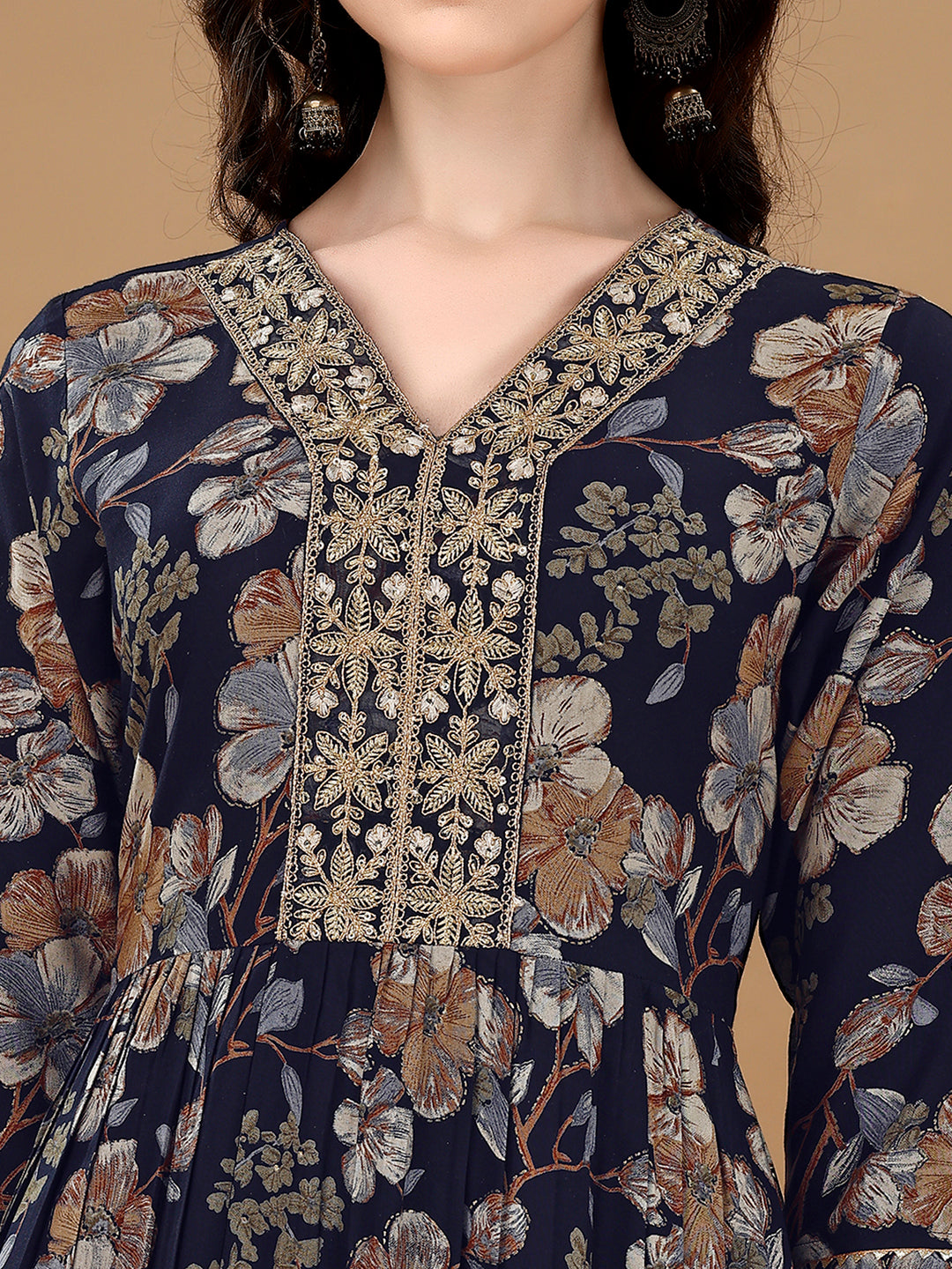 Alia Cut Floral Printed & Embroidered Kurta Suit Set, Navy Blue - Hiral Fashion