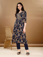 Alia Cut Floral Printed & Embroidered Kurta Suit Set, Navy Blue - Hiral Fashion