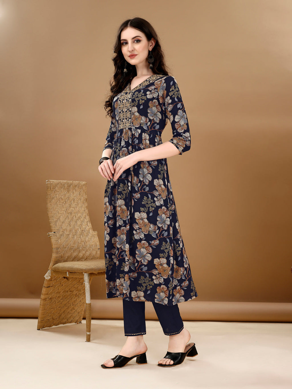 Alia Cut Floral Printed & Embroidered Kurta Suit Set, Navy Blue - Hiral Fashion