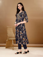 Alia Cut Floral Printed & Embroidered Kurta Suit Set, Navy Blue - Hiral Fashion