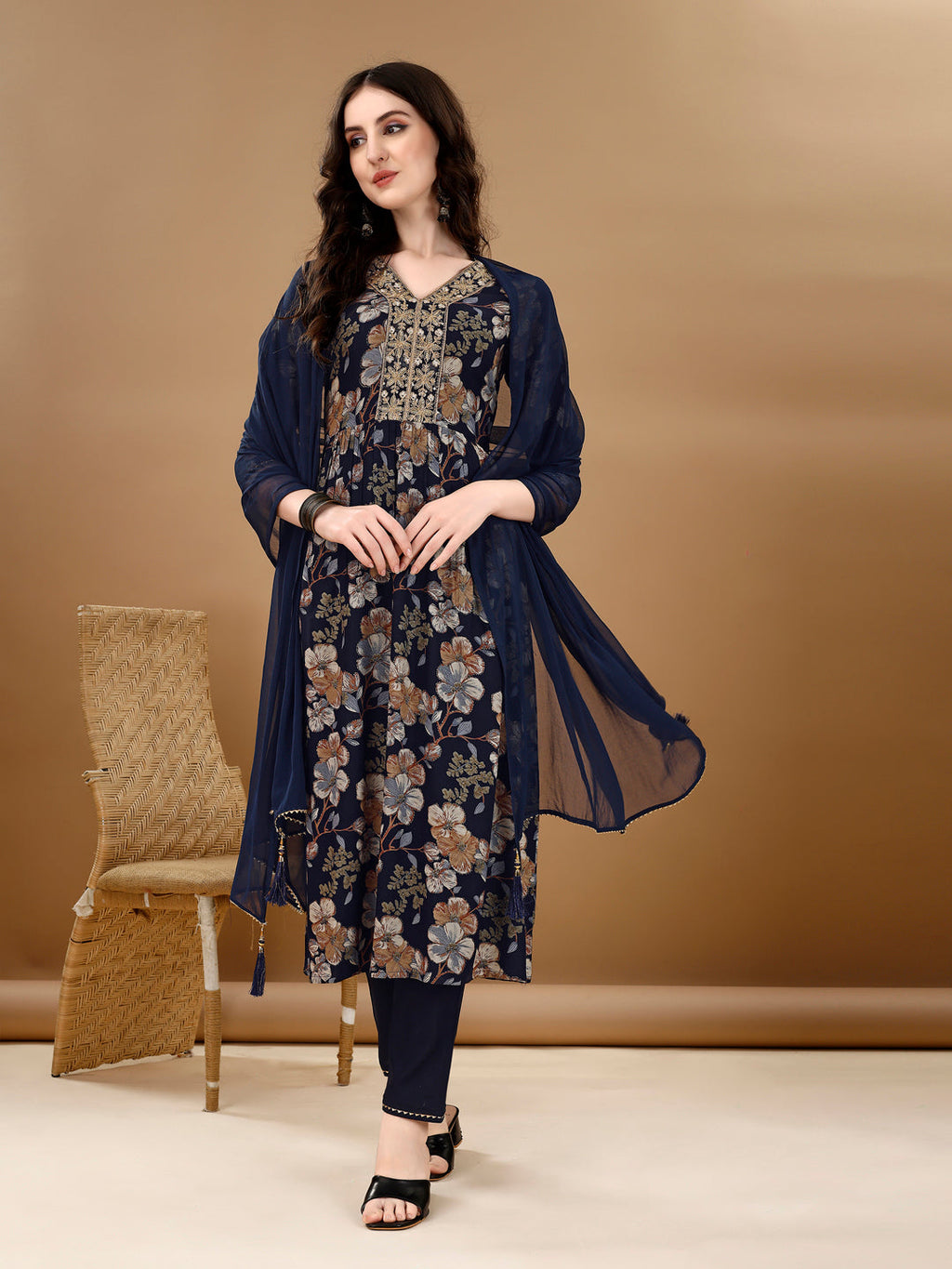 Alia Cut Floral Printed & Embroidered Kurta Suit Set, Navy Blue - Hiral Fashion
