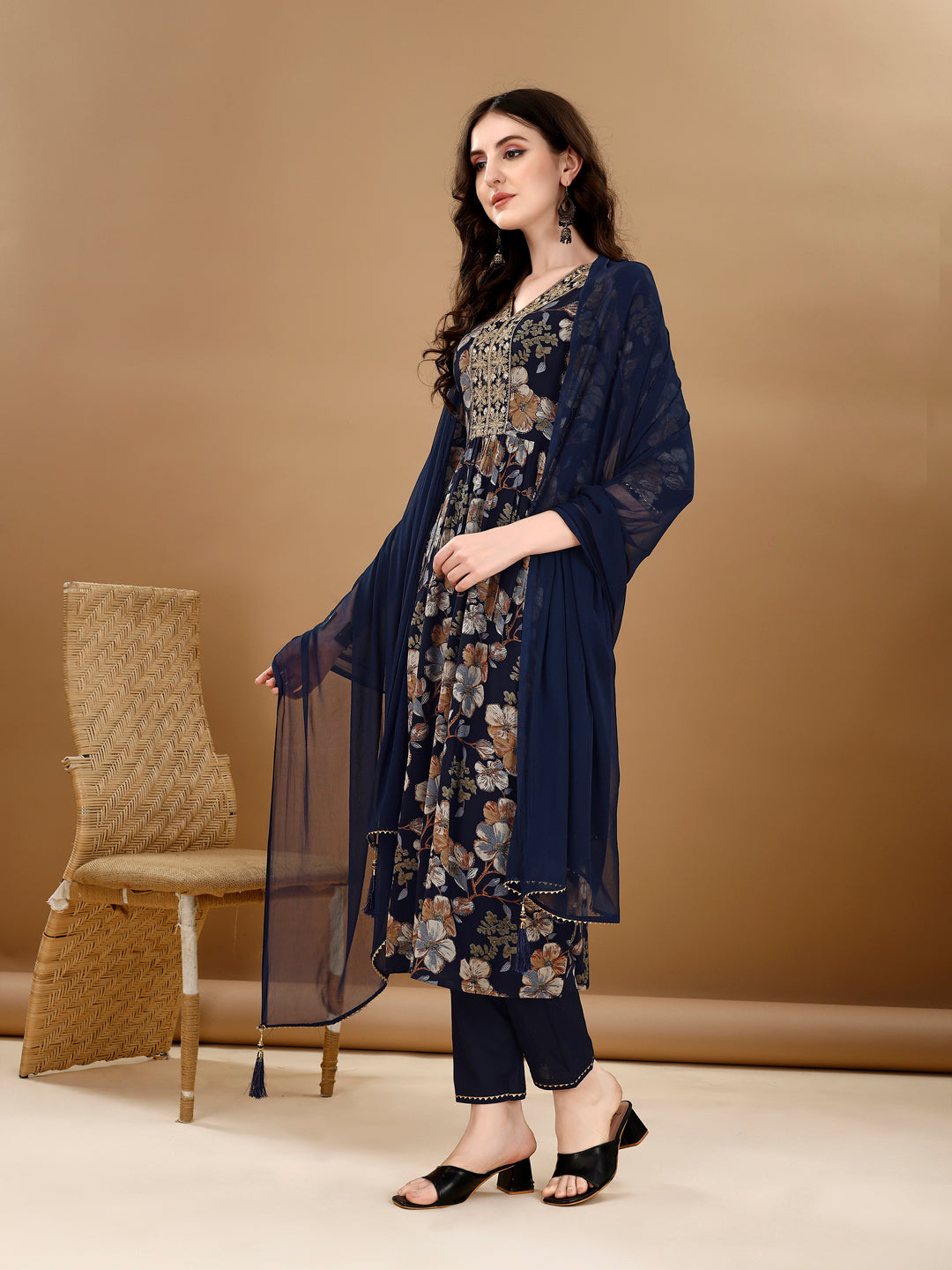 Alia Cut Floral Printed & Embroidered Kurta Suit Set, Navy Blue - Hiral Fashion