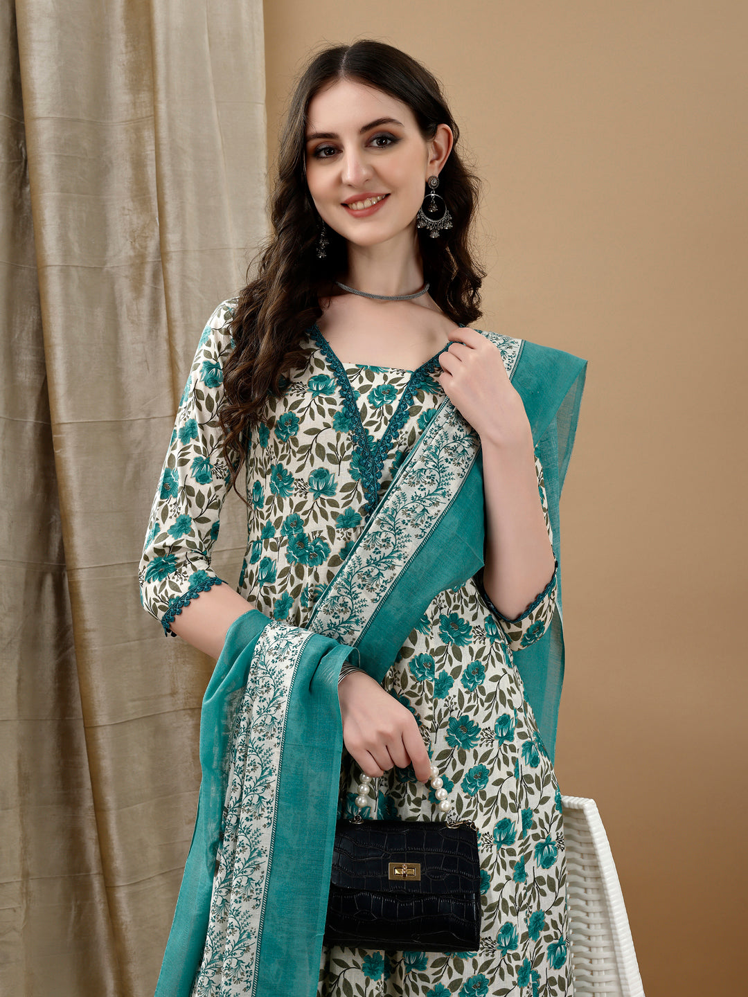 Floral Printed Anarkali Kurta With Pant & Dupatta Luxury Premium, Multicolor - Hiral Fashion