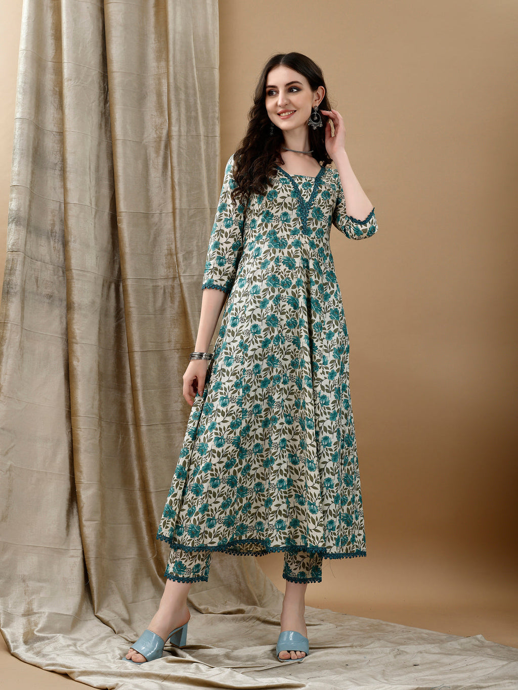 Floral Printed Anarkali Kurta With Pant & Dupatta Luxury Premium, Multicolor - Hiral Fashion