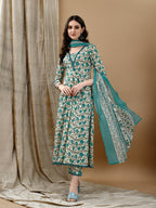 Floral Printed Anarkali Kurta With Pant & Dupatta Luxury Premium, Multicolor - Hiral Fashion